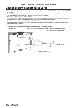 Page 130130 - ENGLISH
Chapter 6 Appendix — Ceiling mount bracket safeguards
Ceiling mount bracket safeguards
r
f When installing the projector to a ceiling, be sure to use the specified ceiling mount bracket (ET
-PKD56H: for high ceilings, ET-PKD55S: for 
low ceilings).
r
f When installing the projector, attach the drop-prevention set included with the ceiling mount bracket to the projector.
If you need the special drop-prevention set (Product No.: TTRA0214), consult your dealer.
r
f Request for a qualified...