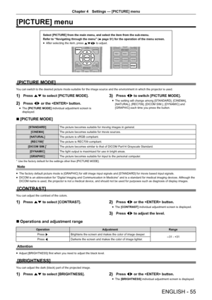 Page 55ENGLISH - 55
Chapter 4 Settings — [PICTURE] menu
[PICTURE] menu
Select [PICTURE] from the main menu, and select the item from the sub-me\
nu.
Refer to “Navigating through the menu” (
x page 51) for the operation of the menu screen.
r
f After selecting the item, press 
asqw to adjust.
[PICTURE MODE]
You can switch to the desired picture mode suitable for the image source and the environment in which the projector is used.
1) Press as to select [PICTURE MODE].
2) Press qw or the  button.
r
f The 
[PICTURE...
