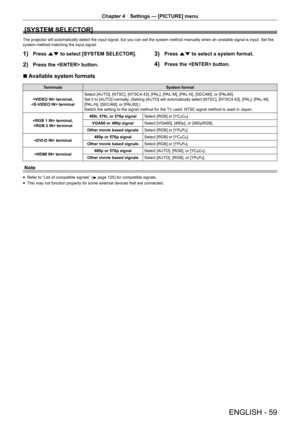 Page 59ENGLISH - 59
Chapter 4 Settings — [PICTURE] menu
[SYSTEM SELECTOR]
The projector will automatically detect the input signal, but you can set the system method manually when an unstable signal is input. Set the 
system method matching the input signal.
1) Press as to select [SYSTEM SELECTOR].
2) Press the  button.
3) Press as to select a system format.
4) Press the  button.
r
r Available system formats
Terminals
System format
 terminal,
 terminal Select [AUTO], [NTSC], [NTSC4.43], [PAL], [PAL-M], [PAL-N],...