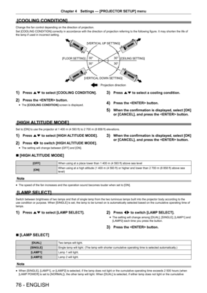 Page 7676 - ENGLISH
Chapter 4 Settings — [PROJECTOR SETUP] menu
[COOLING CONDITION]
Change the fan control depending on the direction of projection.
Set [COOLING CONDITION] correctly in accordance with the direction of projection referring to the following figure. It may shorten the life of 
the lamp if used in incorrect setting.

30°
30° 30°
30°
[
VER
TICAL  UP SETTING]
[FLOOR SETTING] [CEILING SETTING]
[VERTICAL  DOWN SETTIN G]
Projection direction
1) Press as to select [COOLING CONDITION].
2) Press the...