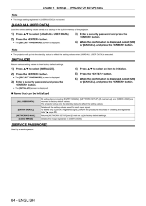 Page 8484 - ENGLISH
Chapter 4 Settings — [PROJECTOR SETUP] menu
Note
r
f The image setting registered in [USER LOGO] is not saved.
[LOAD ALL USER DATA]
Load the various setting values saved as a backup in the built-in memory\
 of the projector.
1) Press as to select [LOAD ALL USER DATA].
2) Press the  button.
r
f The 
[SECURITY PASSWORD]  screen is displayed.
3) Enter a security password and press the 
 button.
4) When the confirmation is displayed, select [OK] 
or [CANCEL], and press the  button.
Note
r
f The...