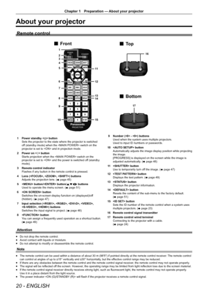 Page 2020 - ENGLISH
Chapter 1 Preparation —  About your projector
About your projector
Remote control
1
3 2
4
5
7 6
8
9
10 15 12 11
13
14 16
17
FrontTo p
Bottom
1  Power standby <
v> button
Sets the projector to the state where the projector is switched 
off (standby mode) when the  switch on the 
projector is set to  and in projection mode.
2  Power on <
b> button
Starts projection when the  switch on the 
projector is set to  and the power is switched off (standby 
mode).
3  Remote control indicator
Flashes...