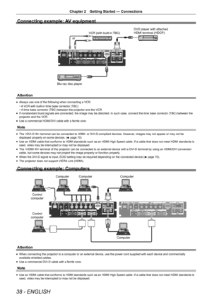 Page 3838 - ENGLISH
Chapter 2 Getting Started — Connections
Connecting example: AV equipment
VCR (with built-in  TBC)
DVD player with attached 
HDMI terminal (HDCP )
or
Blu-ray disc player
Attention
r
f Always use one of the following when connecting a VCR.
r
g A VCR with built-in time base corrector (TBC)
r
g A time base corrector (TBC) between the projector and the VCR
r
f If nonstandard burst signals are connected, the image may be distorted. In such case, connect the time base corrector (TBC) between the...