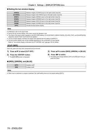 Page 7474 - ENGLISH
Chapter 4 Settings — [DISPLAY OPTION] menu
r
r Setting the two window display
[VIDEO]
Displays images of [VIDEO] input on the right screen (Input B).
[S-VIDEO] Displays images of [S-VIDEO] input on the right screen (Input B).
[RGB1] Displays images of [RGB1] input on the right screen (Input B).
[RGB2] Displays images of [RGB2] input on the right screen (Input B).
[DVI-D] Displays images of [DVI-D] input on the right screen (Input B).
[HDMI] Displays images of [HDMI] input on the right screen...