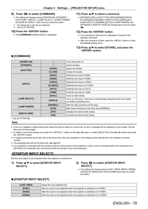 Page 79ENGLISH - 79
Chapter 4 Settings — [PROJECTOR SETUP] menu
9) Press qw to switch [COMMAND].
r
f The setting will change among [POWER ON], [STANDBY], 
[SHUTTER]*1, [INPUT]*1, [LAMP SELECT]*1, [LAMP POWER]*1 
and [SIDE BY SIDE]*1*2 each time you press the button.
*1  The details set in step  11 ) are displayed.
*2  Only for PT-DW740E
10) Press the  button.
r
f The 
[COMMAND]  detailed screen is displayed.
11) Press as to select a command.
r
f [OPEN]/[CLOSE] in [SHUTTER], [RGB1]/[RGB2]/[VIDEO]/...