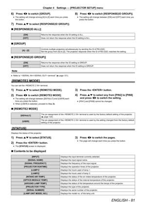 Page 81ENGLISH - 81
Chapter 4 Settings — [PROJECTOR SETUP] menu
6) Press qw to switch [GROUP].
r
f The setting will change among [A] to [Z] each time you press 
the button.
7) Press as to select [RESPONSE(ID GROUP)].
8) Press qw to switch [RESPONSE(ID GROUP)].
r
f The setting will change between [ON] and [OFF] each time you 
press the button.
r
r [RESPONSE(ID ALL)]
[ON]
Returns the response when the ID setting is ALL.
[OFF] Does not return the response when the ID setting is ALL.
r
r [GROUP]
[A] - [Z] Controls...