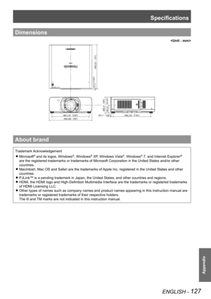 Page 127Specifications
ENGLISH - 127
Appendix
Specifications
Trademark AcknowledgementMicrosoft
 
z® and its logos, Windows®, Windows® XP, Windows Vista®, Windows® 7, and Internet Explorer® 
are the registered trademarks or trademarks of Microsoft Corporation in \
the United States and/or other 
countries.
Macintosh, Mac OS and Safari are the trademarks of Apple Inc. registered in the United States and other 
 
z
countries.
PJLink™ is a pending trademark in Japan, the United States, and other\
 countries and...