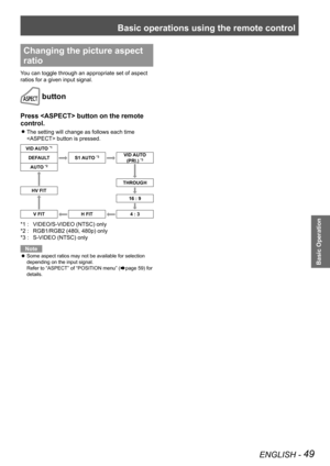 Page 49Basic operations using the remote control
ENGLISH - 49
Basic Operation
Changing the picture aspect 
ratio
You can toggle through an appropriate set of aspect 
ratios for a given input signal.
 button
Press  button on the remote 
control.
The setting will change as follows each time  
z
 button is pressed.
VID AUTO *1
DEFAULTS1 AUTO *3VID AUTO  
(PRI.) *3
AUTO *2
THROUGH
HV FIT
16 : 9
V FITH FIT4 : 3
VIDEO/S-VIDEO (NTSC) only
*1 : 
RGB1/RGB2 (480i, 480p) only
*2 : 
S-VIDEO (NTSC) only
*3 : 
Note
Some...