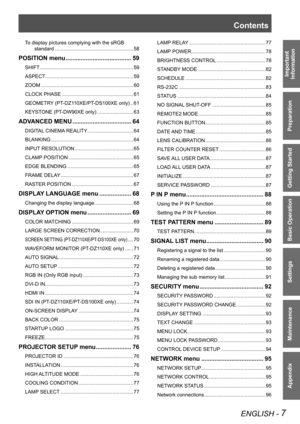 Page 7Important Safety Notice
ENGLISH - 7
Important  
Information
Preparation
Getting Started
Basic Operation
Settings
Maintenance
Appendix
Contents
To display pictures complying with the sRGB 
standard  ........................................................ 58
POSITION menu ....................................... 59
SHIFT ................................................................... 59
ASPECT  ............................................................... 59
ZOOM...