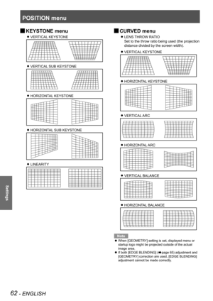 Page 62POSITION menu
62 - ENGLISH
Settings
KEYSTONE menu 
J
VERTICAL KEYSTONE 
z
VERTICAL SUB KEYSTONE 
z
HORIZONTAL KEYSTONE 
z
HORIZONTAL SUB KEYSTONE 
z
LINEARITY 
z
CURVED menu 
J
LENS THROW RATIO 
z
Set to the throw ratio being used (the projection 
distance divided by the screen width).
VERTICAL KEYSTONE
 
z
HORIZONTAL KEYSTONE 
z
VERTICAL ARC 
z
HORIZONTAL ARC 
z
VERTICAL BALANCE 
z
HORIZONTAL BALANCE 
z
Note
When [GEOMETRY] setting is set, displayed menu or 
 
z
startup logo might be projected outside...