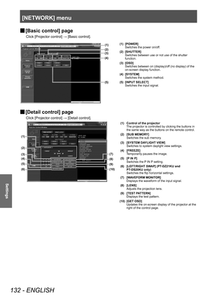 Page 132[NETWORK] menu
132 - ENGLISH
Settings
▶■[Basic control] page
Click [Projector control] → [Basic control].
(1)
(2)
(4)
(5) (3)
(1) [POWER]
Switches the power on/off.
(2) [SHUTTER] Switches between use or not use of the shutter 
function.
(3) [OSD] Switches between on (display)/off (no display) of the 
on-screen display function.
(4) [SYSTEM] Switches the system method.
(5) [INPUT SELECT] Switches the input signal.
▶■[Detail control] page
Click [Projector control] → [Detail control].
(7)
(8)
(9)
(10)
(2)...