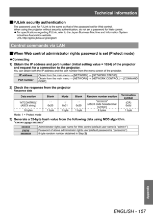 Page 157Technical information
ENGLISH - 157
Appendix
▶■PJLink security authentication
The password used for PJLink is the same as that of the password set for W
eb control.
When using the projector without security authentication, do not set a password for W eb control.
▶zFor specifications regarding PJLink, refer to the Japan Business Machine and Information System 
Industries 

Association website.
URL http://pjlink.jbmia.or.jp/english/
Control commands via LAN
▶■ When W eb control administrator rights...