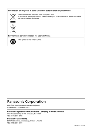 Page 179W0512YY0 -YI
Environment care information for users in China
This symbol is only valid in China. 
Information on Disposal in other Countries outside the European Union
These symbols are only valid in the European Union.
If you wish to discard this product, please contact your local authorities or dealer and ask for 
the correct method of disposal.
Panasonic System C\rommunications Comp\rany of Nort\f America\r
One Panasonic Way \S2F-13, Seca\fc\fs, NJ \S0\b094
TEL: (8\b\b) 803 - 8492
Panasonic Canada...