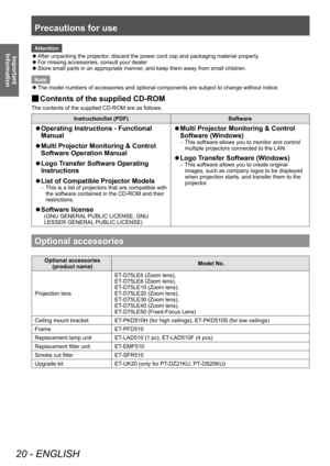 Page 20Precautions for use
20 - ENGLISH
Important 
Information
Attention
 z After unpacking the projector

, discard the power cord cap and packaging material properly.
 zFor missing accessories, consult your dealer

.
 zStore small parts in an appropriate manner

, and keep them away from small children.
Note
 z The model numbers of accessories and optional components are subject to change without notice.
▶■ Contents of the supplied CD-ROM  
The contents of the supplied CD-ROM are as follows.
Instruction/list...