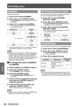 Page 68[PICTURE] menu
68 - ENGLISH
Settings
[GAMMA]
Switch gamma mode.
1) Press ▲▼ to select [GAMMA].
2)  
Press  ◀▶ or the  button.
▶z
The  [GAMMA] individual adjustment screen is 
displayed.
3) Press  ◀▶ to switch the [GAMMA].
▶z
The setting will change as follows each time 
you press the button.
[DEFAULT]*1[USER1]
[2.8]
[USER2]
[DICOM SIM.]
(0.1 increments)
[1.0]
[2.0][1.8]
*1: When [PICTURE MODE] is set to [DYNAMIC], [USER], or 
[DICOM SIM.], [DEF
AULT] cannot be selected.
Note
 zDICOM is an abbreviation...