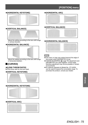 Page 75[POSITION] menu
ENGLISH - 75
Settings
▶z[HORIZONT AL KEYSTONE]
▶z
[VERTICAL  BALANCE]
Adjust the setting according to the lens shift range 
in vertical direction.
▶z
[HORIZONT AL BALANCE]
Adjust the setting according to the lens shift range 
in horizontal direction.
▶■[CUR VED]
▶z
[LENS THROW RA TIO]
Set the throw ratio for the lens used.
▶z
[VERTICAL  KEYSTONE]
▶z
[HORIZONT AL KEYSTONE]
▶z
[VERTICAL  ARC]
▶z
[HORIZONT AL ARC]
▶z
[VERTICAL  BALANCE]
▶z
[HORIZONT AL BALANCE]
Note
 z
The menu or logo may...