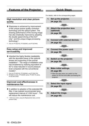 Page 16 
16 - ENGLISH
Features of the Projector
High resolution and clear picture 
quality
 /£Sharpness is enhanced by improvement 
of the unique picture quality correction 
technology and the optical system. 
The 
drawing performance of the moving image 
has also drastically improved by adopting 
the double speed driving of the DLP 
chip
*1 and the unique image processing 
technology
*1.
*1 Only for PT- DZ21K2, PT- DS20K2, and PT- DZ16K2
Easy setup and improved 
serviceability
 /£Inherited the highly flexible...