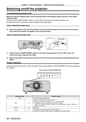 Page 58Chapter 3 Basic Operations — Switching on/off the projector
58 - ENGLISH
Switching on/off the projector
Connecting the power cord
Make sure that the supplied power cord is securely fixed to the projector body to prevent it from being 
removed easily.
Confirm that the  switch is on the  side before connecting the power cord.
For details of power cord handling, refer to “Read this first!” (x page 5).
How to attach the power cord
1) Check the shapes of the  terminal on the side of the projector and the...