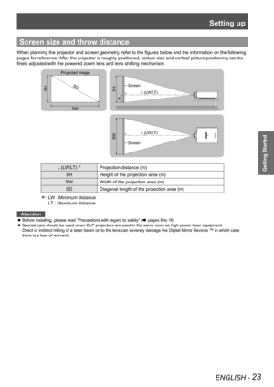 Page 23Setting up
ENGLISH - 23
Getting Started
Screen size and throw distance
When planning the projector and screen geometry, refer to the figures below and the information on the following 
pages for reference. After the projector is roughly positioned, picture size and vertical pic\
ture positioning can be 
finely adjusted with the powered zoom lens and lens shifting mechanism.
L (LW/LT) ÛProjection distance (m)
SH Height of the projection area (m)
SW Width of the projection area (m)
SD Diagonal length of...