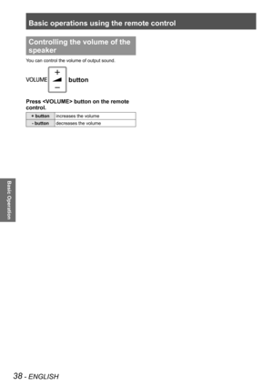 Page 38Basic operations using the remote control
38 - ENGLISH
Basic Operation
Controlling the volume of the 
speaker
You can control the volume of output sound.
 button
Press  button on the remote 
control.
+ buttonincreases the volume
- button decreases the volume 