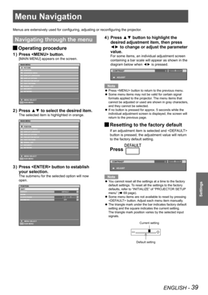 Page 39ENGLISH - 39
Settings
Menu Navigation
Menus are extensively used for configuring, adjusting or reconfiguring the projector.
Navigating through the menu
 
JOperating procedure
Press  button.
1  ) 
[MAIN MENU] appears on the screen.
Press ▲▼ to select the desired item.
2  ) 
The selected item is highlighted in orange.
Press  button to establish 
3  ) 
your selection.
The submenu for the selected option will now 
open.
0
Press ▲▼ button to highlight the 
4  ) 
desired adjustment item, then press 
◄► to...