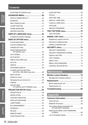 Page 66 - ENGLISH
Important  
Information
Preparation
Getting Started
Basic Operation
Settings
Maintenance
Appendix
Contents
KEYSTONE (PT-DZ570U  only) ........................... 49
ADVANCED MENU  ................................... 50
DIGITAL CINEMA REALITY  ................................. 50
BLANKING  ........................................................... 50
INPUT RESOLUTION  .......................................... 51
CLAMP POSITION  .............................................. 51
FRAME RESPONSE...