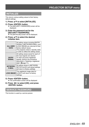 Page 69PROJECTOR SETUP menu
ENGLISH - 69
Settings
INITIALIZE
This returns various setting values to their factory 
default settings.
Press ▲▼ to select [INITIALIZE].
1  ) 
Press  button.
2  ) 
The [SECURITY PASSWORD] screen will be  
z
displayed.
Enter the password set for the 
3  ) 
[SECURITY PASSWORD].
The [INITIALIZE] screen will be displayed. 
z
Press ▲▼ to select the desired 
4  ) 
initialize item.
ALL USER  
DATA All setting values including [ENTRY 
SIGNAL], [NETWORK/E-MAIL], and 
[LOGO IMAGE] are...