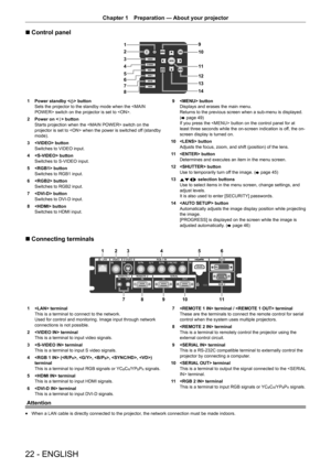 Page 2222 - ENGLISH
Chapter 1 Preparation —  About your projector
r
r Control panel
9
10
11
12
13
14
1
2
3
4
5
6
7
8
1 
Power standby <
v> button
Sets the projector to the standby mode when the  switch on the projector is set to .
2  Power on <
b> button
Starts projection when the  switch on the 
projector is set to  when the power is switched off (standby 
mode).
3   button
Switches to VIDEO input.
4   button
Switches to S-VIDEO input.
5   button
Switches to RGB1 input.
6   button
Switches to RGB2 input.
7...