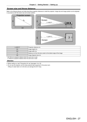 Page 27ENGLISH - 27
Chapter 2 Getting Started — Setting up
Screen size and throw distance
Refer to the following figures and table describing projection distances to install the projector . Image size and image position can be adjusted 
in accordance with the screen size and screen position.
6
/ / :/7 
/ / :/7 
6: 6+
+ 6+
6:
3URMHFWLRQVFUHHQ
6FUHHQ
6FUHHQ
L (LW/LT)*Projection distance (m)
SH Image height (m)
SW Image width (m)
H Distance (m) from the lens center to the bottom edge of the image
SD Image...