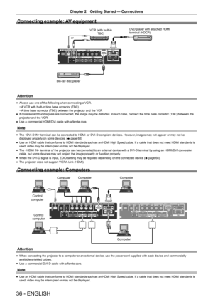 Page 3636 - ENGLISH
Chapter 2 Getting Started — Connections
Connecting example: AV equipment
9&5ZLWKEXLOWLQ
7%&9SOD\HUZLWKDWWDFKHG+0,WHUPLQDO+&3 
RU
%OXUD\GLVFSOD\HU
Attention
r
f Always use one of the following when connecting a VCR.
r
g A VCR with built-in time base corrector (TBC)
r
g A time base corrector (TBC) between the projector and the VCR
r
f If nonstandard burst signals are connected, the image may be distorted. In such case, connect the time base corrector (TBC) between the...