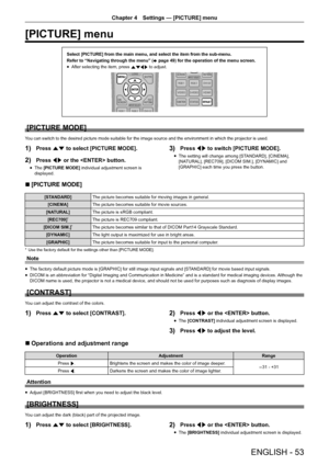 Page 53ENGLISH - 53
Chapter 4 Settings — [PICTURE] menu
[PICTURE] menu
Select [PICTURE] from the main menu, and select the item from the sub-me\
nu.
Refer to “Navigating through the menu” (
x page 49) for the operation of the menu screen.
r
f After selecting the item, press 
asqw to adjust.
[PICTURE MODE]
You can switch to the desired picture mode suitable for the image source and the environment in which the projector is used.
1) Press as to select [PICTURE MODE].
2) Press qw or the  button.
r
f The 
[PICTURE...