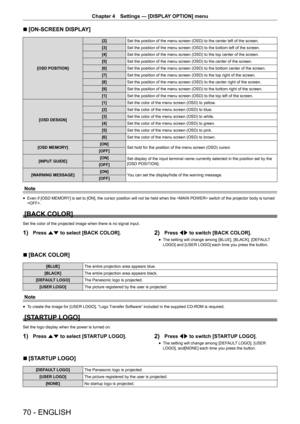 Page 7070 - ENGLISH
Chapter 4 Settings — [DISPLAY OPTION] menu
r
r [ON-SCREEN DISPLAY]
[OSD POSITION] [2]
Set the position of the menu screen (OSD) to the center left of the screen.
[3] Set the position of the menu screen (OSD) to the bottom left of the screen.
[4] Set the position of the menu screen (OSD) to the top center of the screen.
[5] Set the position of the menu screen (OSD) to the center of the screen.
[6] Set the position of the menu screen (OSD) to the bottom center of the screen.
[7] Set the...