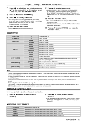 Page 77ENGLISH - 77
Chapter 4 Settings — [PROJECTOR SETUP] menu
7) Press qw to select hour and minute, and press 
as or the number ( to ) buttons to set 
a time, and press the  button.
8) Press as to select [COMMAND].
9) Press qw to switch [COMMAND].
r
f The setting will change among [POWER ON], [STANDBY], 
[SHUTTER]*, [INPUT]*, [LAMP SELECT]*, [LAMP POWER]* and 
[SIDE BY SIDE]* each time you press the button.
*  The details set in step  11 ) are displayed.
10) Press the  button.
r
f The 
[COMMAND]  detailed...