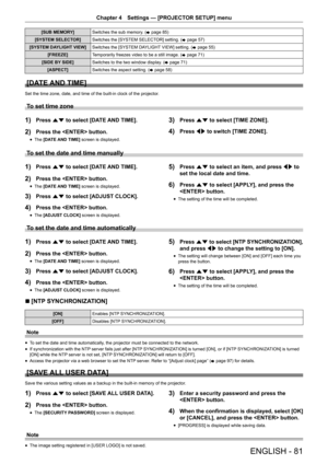 Page 81ENGLISH - 81
Chapter 4 Settings — [PROJECTOR SETUP] menu
[SUB MEMORY] Switches the sub memory. (
x page 85)
[SYSTEM SELECTOR] Switches the [SYSTEM SELECTOR] setting. (
x page 57)
[SYSTEM DAYLIGHT VIEW] Switches the [SYSTEM DAYLIGHT VIEW] setting. (
x page 55)
[FREEZE] Temporarily freezes video to be a still image. (
x page 71)
[SIDE BY SIDE] Switches to the two window display. (
x page 71)
[ASPECT] Switches the aspect setting. (
x page 58)
[DATE AND TIME]
Set the time zone, date, and time of the built-in...