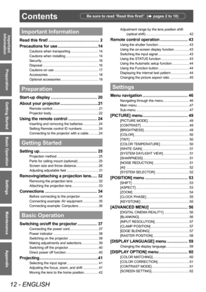 Page 12Contents
12 - ENGLISH
Important 
Information
Preparation
Getting Started
Basic Operation
Settings
Maintenance
Appendix
Important Information
Read this first! ............................................ 2
P recautions for use
 ...................................1
 4
Cautions when transporting ............................. 14
Cautions when installing
 ...........
 ....................... 14
Security
 ............

............................................... 16
Disposal
 ..............