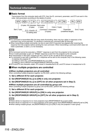 Page 116Technical information
116 - ENGLISH
Appendix
▶■Basic format
Transmission from the computer starts with STX, then the ID, command, parameter, and ETX are sent in this 
order. Add parameters according to the details of control.
(2 bytes) ID2 characters 
(2 bytes)Semi-c\fl\fn (1 byte) \b\fl\fn (1 byte)
\b\fmmand 3 characters\-  (3 bytes) Parameter 
(undefined length) End (1 byte)
Start (1 byte)ZZ, 01 – 64 and 0A – \-0Z
ID setting area
Attention
 z If a command is transmitted after the lamp starts...