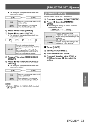 Page 73[PROJECTOR SETUP] menu
ENGLISH - 73
Settings
▶zThe setting will change as follows each time 
you press the button.
[ON][OFF]
[ON] Returns the response when the ID 
setting is ALL.
[OFF] Does not return the response 
when the ID setting is ALL.
6) Press 
▲▼ to select [GROUP].
7)  
Press  ◀▶ to switch [GROUP].
▶z
The setting will change as follows each time 
you press the button.
[A][B][Z]
[A] - [Z] Controls multiple projectors 
simultaneously by sending the ID of 
RS-232C.
Set the group from [A] to [Z]....