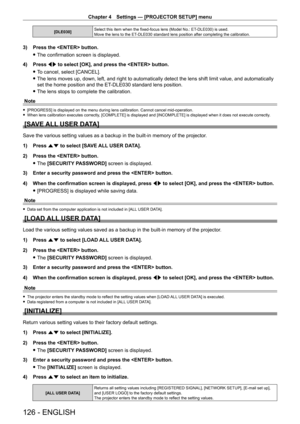 Page 126Chapter 4 Settings — [PROJECTOR SETUP] menu
126 - ENGLISH
[DLE030]Select this item when the fixed-focus lens (Model No.: ET- DLE030) is used.
Move the lens to the ET- DLE030 standard lens position after completing the calibration.
3) Press the  button.
 fThe confirmation screen is displayed.
4)

 
Press 
 qw to select [OK], and press the  button.
 fT

o cancel, select [CANCEL].
 fThe lens moves up, down, left, and right to automatically detect the len\
s shift limit value, and automatically 
set the home...