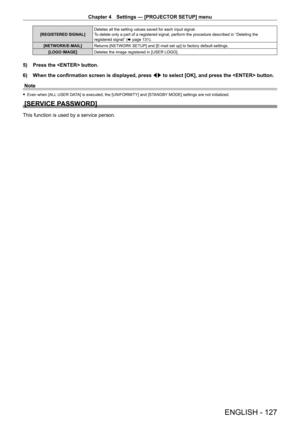 Page 127Chapter 4 Settings — [PROJECTOR SETUP] menu
ENGLISH - 127
[REGISTERED SIGNAL]Deletes all the setting values saved for each input signal.
To delete only a part of a registered signal, perform the procedure descr\
ibed in “Deleting the 
registered signal” (
x
  page   131).
[NETWORK/E-MAIL] Returns [NETWORK SETUP] and [E-mail set up] to factory default settings.
[LOGO IMAGE] Deletes the image registered in [USER LOGO].
5) Press the  button.
6)  
When the confirmation screen is displayed, press  qw

 to...