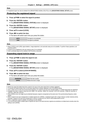 Page 132Chapter 4 Settings — [SIGNAL LIST] menu
132 - ENGLISH
Note
 fA registered signal can also be deleted from [REGISTERED SIGNAL DELETE] on the [REGISTERED SIGNAL SETUP] screen.
Protecting the registered signal
1) Press  asqw to select the signal to protect.
2)  
Press the  button.
 fThe 

[REGISTERED SIGNAL STATUS] screen is displayed.
3)
 
Press the  button.
 fThe 

[REGISTERED SIGNAL SETUP] screen is displayed.
4)
 
Press 
 as to select [LOCK].
5)
 
Press 
 qw to switch the item.
 fThe items will switch...