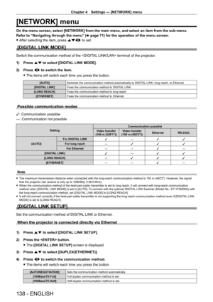 Page 138Chapter 4 Settings — [NETWORK] menu
138 - ENGLISH
[NETWORK] menu
On the menu screen, select [NETWORK] from the main menu, and select an item from the sub-menu.
Refer to “Navigating through the menu” (x
  page   71) for the operation of the menu screen.
 fAfter selecting the item, press 

asqw to set.
[DIGITAL LINK MODE]
Switch the communication method of the  terminal of the projector.
1)
 
Press 
 as to select [DIGITAL LINK MODE].
2)
 
Press 
 qw to switch the item.
 fThe items will switch each time you...