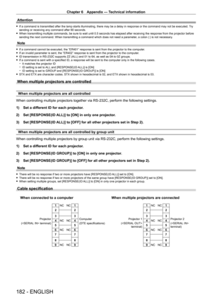 Page 182Chapter 6 Appendix — Technical information
182 - ENGLISH
Attention
 fIf a command is transmitted after the lamp starts illuminating, there may be a delay in response or the command may not be executed.  T ry 
sending or receiving any command after 60 seconds.
 f When transmitting multiple commands, be sure to wait until 0.5 seconds h\
as elapsed after receiving the response from the projector before 
sending the next command. When transmitting a command which does not need a parameter , a colon (:) is...