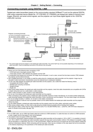 Page 52Chapter 2 Getting Started — Connecting
52 - ENGLISH
Connecting example using DIGITAL LINK
Twisted-pair-cable transmitters based on the communication standard HDBaseTTM such as the optional DIGITAL 
LINK output supported device (Model No.: ET
-

YFB100G, ET
-

YFB200G) use twisted pair cables to transmit input 
images, Ethernet, and serial control signals, and the projector can input those digital signals to the  terminal.
Blu-ray disc player HDMI cable
(commercially available)
Control computer*1...