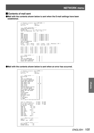 Page 105NETWORK menu
ENGLISH - 105
Settings
Contents of mail sent 
J
Mail with the contents shown below is sent when the E-mail settings have\
 been  
Q
established.
ùùùÜ			*		/	+	*	%	Ü	,	.	+	&	!		0	+	.Ü	.	!	,	+	.	0äÿ		
						åÜùùù
		.	+	&	!		0	+	.Ü		5	,	!ÜÜÜÜÜÜÜÜÜÜöÜ		ææææ
		!	.	%		(Ü	
	+ÜÜÜÜÜÜÜÜÜÜÜÜÜÜÜöÜ		íîïðñòó
éééééÜÜ	é	)		%	(Ü	/	!	0	1	,Ü	 		0	Üééééé
							ý				Ü	ý		
		
	Ü					Ü
				
	...