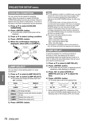 Page 76PROJECTOR SETUP menu
76 - ENGLISH
Settings
COOLING CONDITION
You can control the fan speed for projecting 
angle. When the projector is angled, [COOLING 
CONDITION] setting must be set correctly. Failure to 
observe this may result in malfunctions, or the life of 
the lamp or the other components may be shortened.
Press ▲▼ to select [COOLING 
1  ) 
CONDITION].
Press  button.
2  ) 
The [COOLING CONDITION] screen will be  
z
displayed.
Press ▲▼ to select cooling condition.
3  ) 
Press  button.
4  ) 
When...