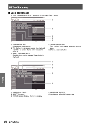 Page 98NETWORK menu
98 - ENGLISH
Settings
Basic control page 
J
To move from another page, click [Projector control], then [Basic control\
].
 
Page selection tabs
  Click these to switch pages.
 This displays the on-screen status. It is displayed 
even if the on-screen display of the projector is 
set to off.
  Monitor information button
  Click this item, and the status of the projector is 
displayed.
 Detailed set up button
  Click this item to display the advanced settings 
page.
 Change password button...