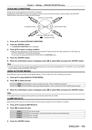 Page 109Chapter 4 Settings — [PROJECTOR SETUP] menu
ENGLISH - 109
[COOLING CONDITION]
Change the fan control depending on the direction of projection.
Set [COOLING CONDITION] according to the projection direction, but set it to [AUTO] normally. Using the projector with [COOLING 
CONDITION] set incorrectly may shorten the life of the lamp.

30°
30° 30°
30°
[VERTICAL UP SETTING]
[FLOOR SETTING] [CEILING SETTING]
[VERTICAL DOWN SETTING] Projection direction
1) Press as to select [COOLING CONDITION].
2)  
Press...