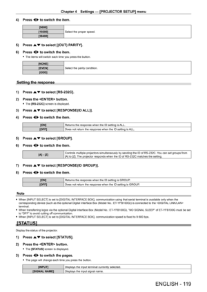 Page 119Chapter 4 Settings — [PROJECTOR SETUP] menu
ENGLISH - 119
4) Press qw to switch the item.
[9600]
Select the proper speed.
[19200]
[38400]
5) Press  as to select [(OUT) PARITY].
6)  
Press 
 qw to switch the item.
 fThe items will switch each time you press the button.
[NONE]
Select the parity condition.
[EVEN]
[ODD]
Setting the response
1) Press  as to select [RS-232C].
2)  
Press the  button.
 f The  [RS-232C]  screen is displayed.
3) Press  as to select [RESPONSE(ID ALL)].
4)  
Press 
 qw to switch the...