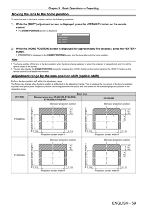 Page 59Chapter 3 Basic Operations — Projecting
ENGLISH - 59
Moving the lens to the home position
To move the lens to the home position, perform the following procedure.
1) While the [SHIFT] adjustment screen is displayed, press the  button on the remote 
control.
 f The  [HOME POSITION]  screen is displayed.
LENS
HOME POSITION
EXECUTE
CANCEL
MENU
ENTER
2) While the [HOME POSITION] screen is displayed (for approximately five s\
econds), press the  
button.
 f
[PROGRESS] is displayed in the  [HOME POSITION]...