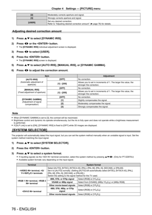 Page 76Chapter 4 Settings — [PICTURE] menu
76 - ENGLISH
[2]Moderately corrects aperture and signal.
[3] Strongly corrects aperture and signal.
[USER] Set any desired correction.
Refer to “Adjusting desired correction amount” (
x
  page   76) for details.
Adjusting desired correction amount
1) Press as to select [DYNAMIC IRIS].
2)  
Press 
 qw or the  button.
 fThe  [DYNAMIC IRIS] individual adjustment screen is displayed.
3) Press  qw to select [USER].
4)  
Press the  button.
 f The  [DYNAMIC IRIS] screen is...